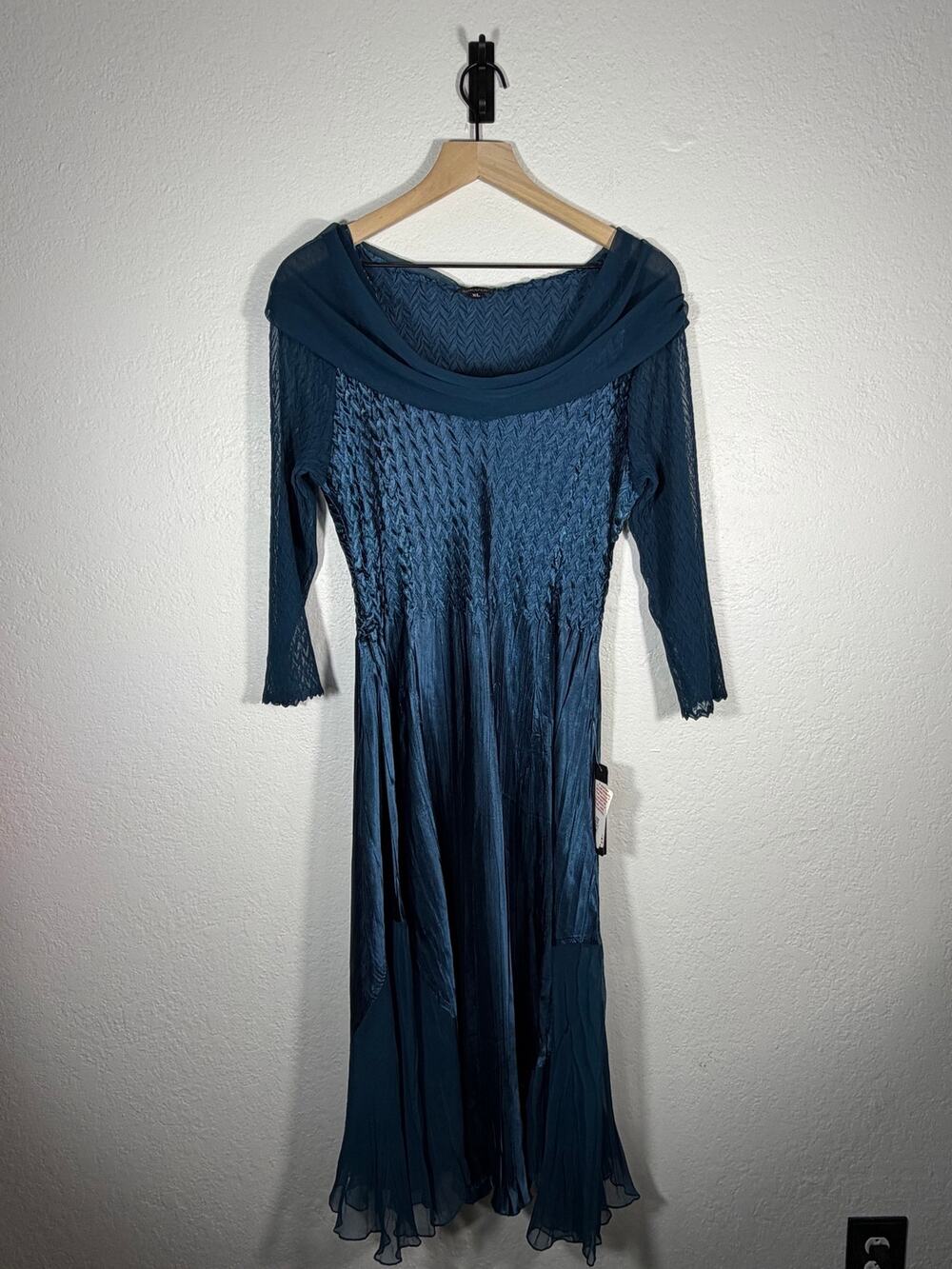 KOMAROV Teal Blue Maxi Dress XL Fall Wedding Guest Formal Sheer Off Shoulder